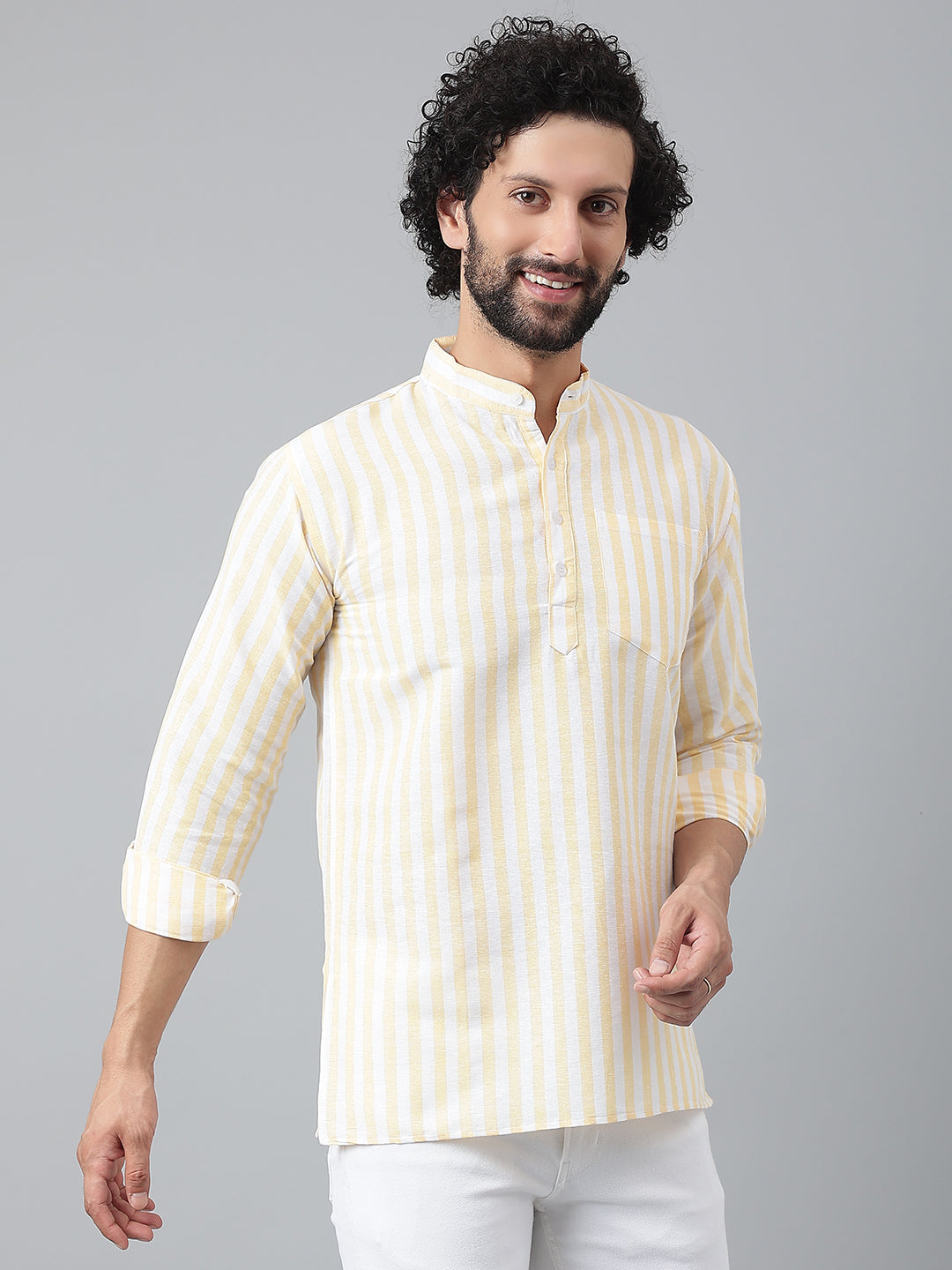 RIAG Beige Color Long Sleeves Casual Men's Cotton Short Kurta | Grocsy