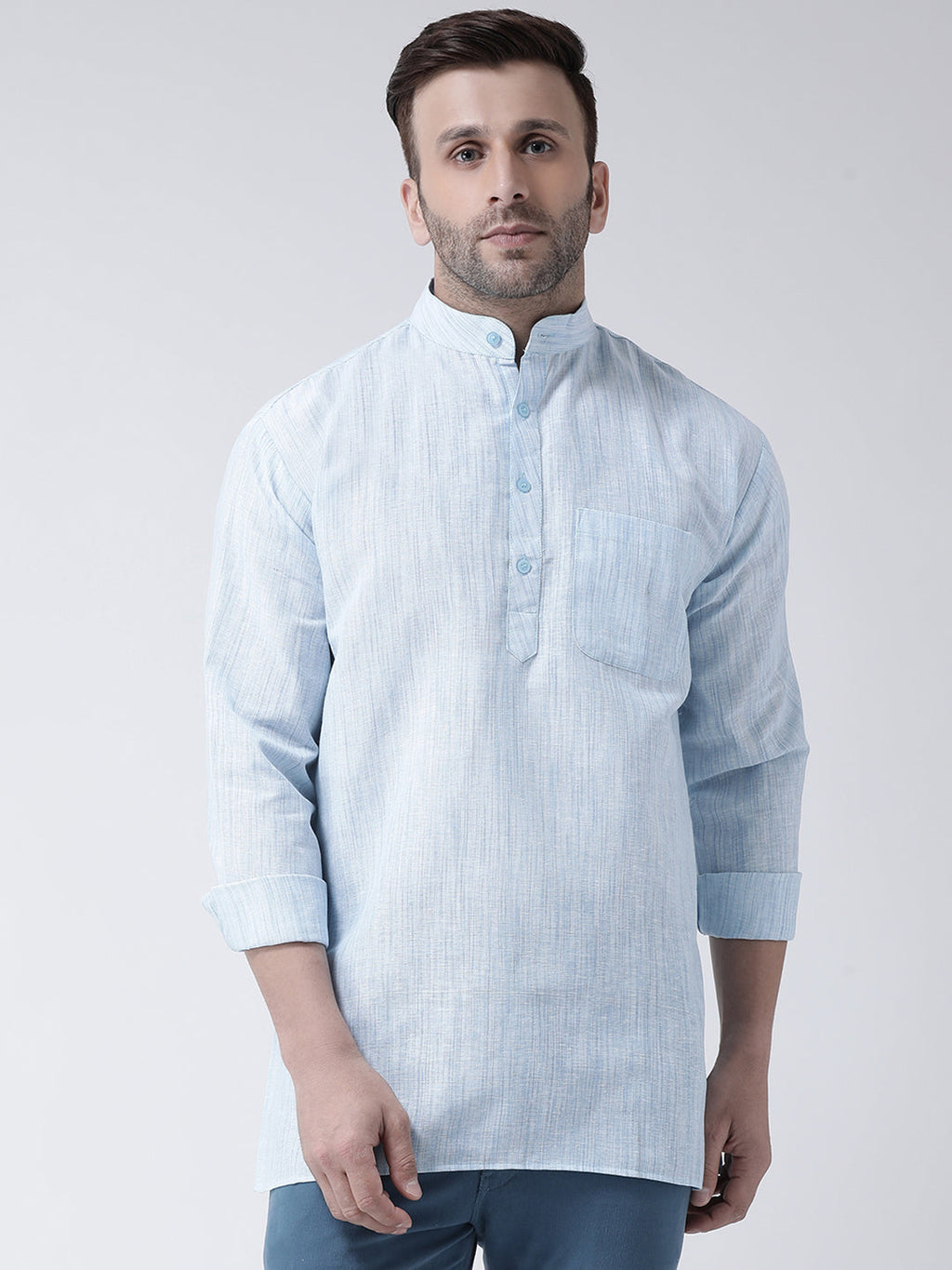 RIAG Blue Color Long Sleeves Men's Cotton Short Kurta | Grocsy