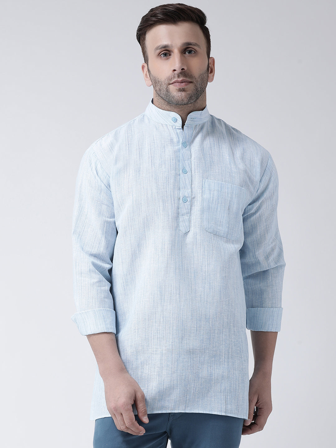 RIAG Blue Color Long Sleeves Men's Cotton Short Kurta | Grocsy