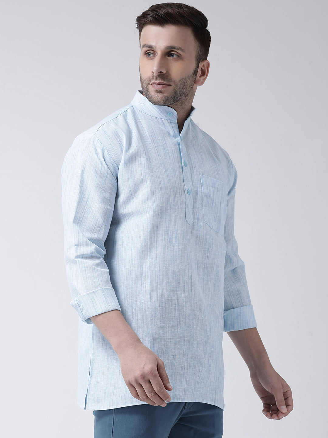 RIAG Blue Color Long Sleeves Men's Cotton Short Kurta | Grocsy