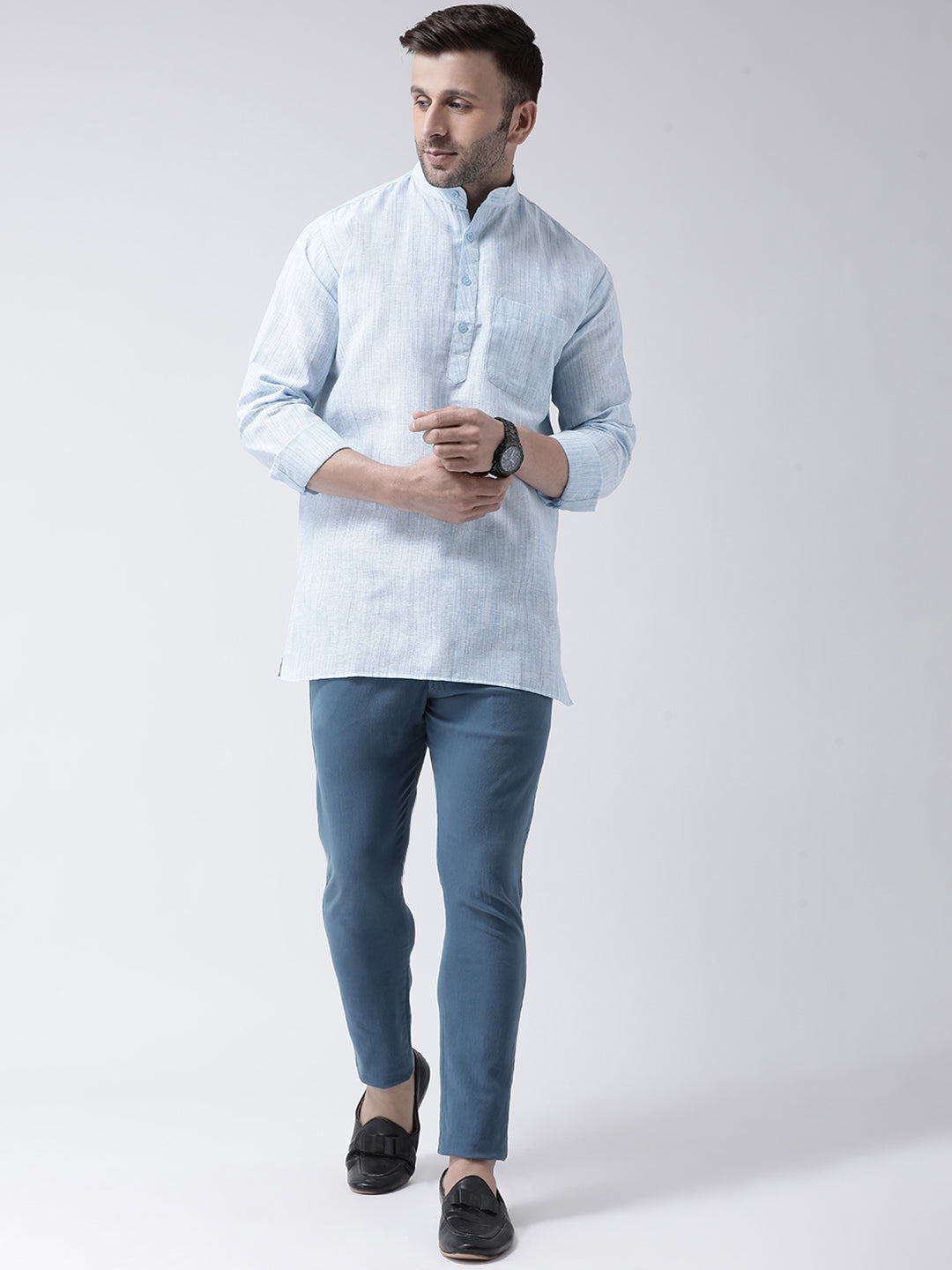 RIAG Blue Color Long Sleeves Men's Cotton Short Kurta | Grocsy