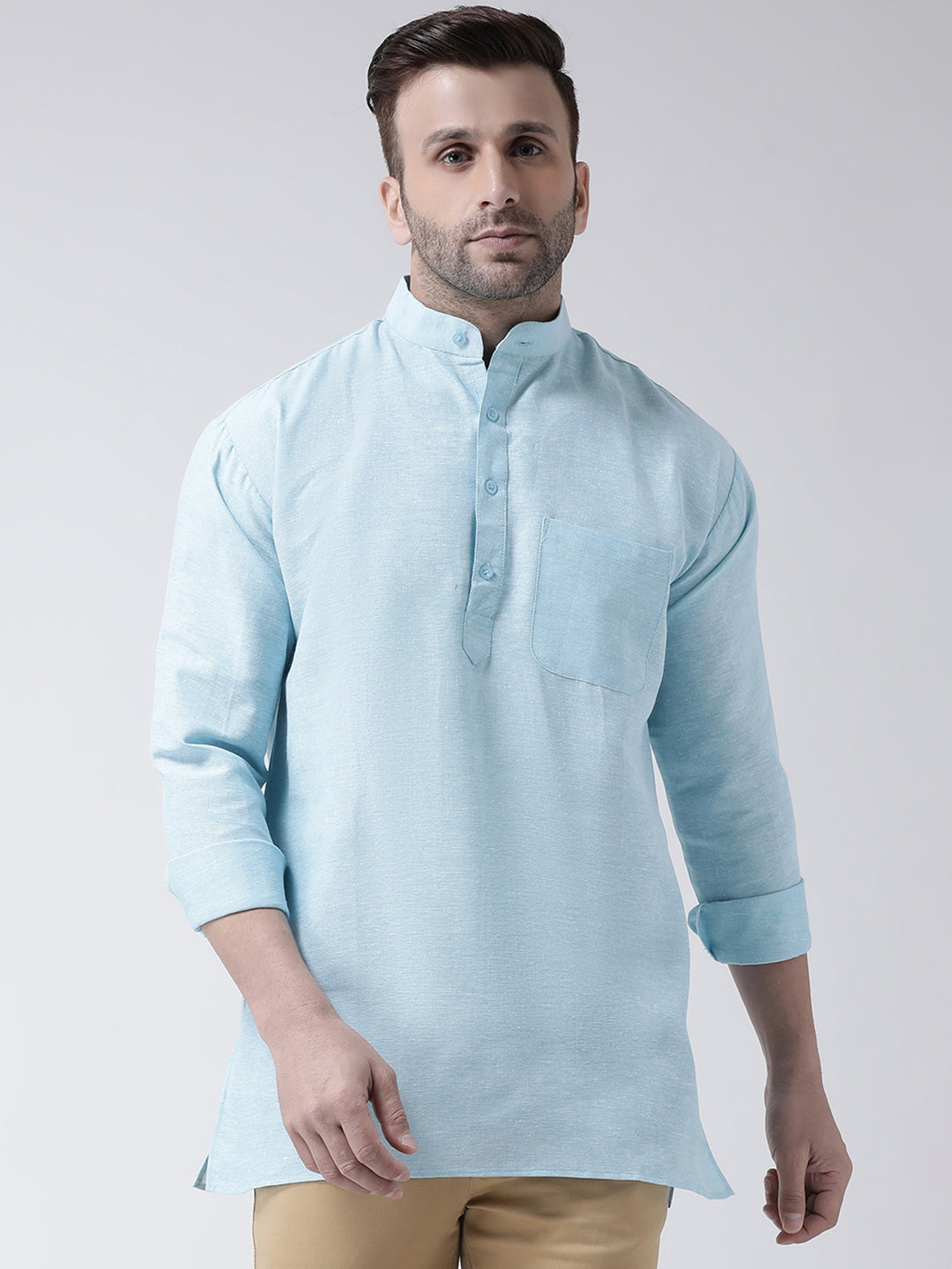RIAG Light Blue Color Long Sleeves Men's Cotton Short Kurta | Grocsy