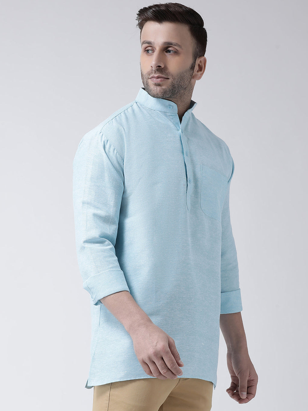 RIAG Light Blue Color Long Sleeves Men's Cotton Short Kurta | Grocsy