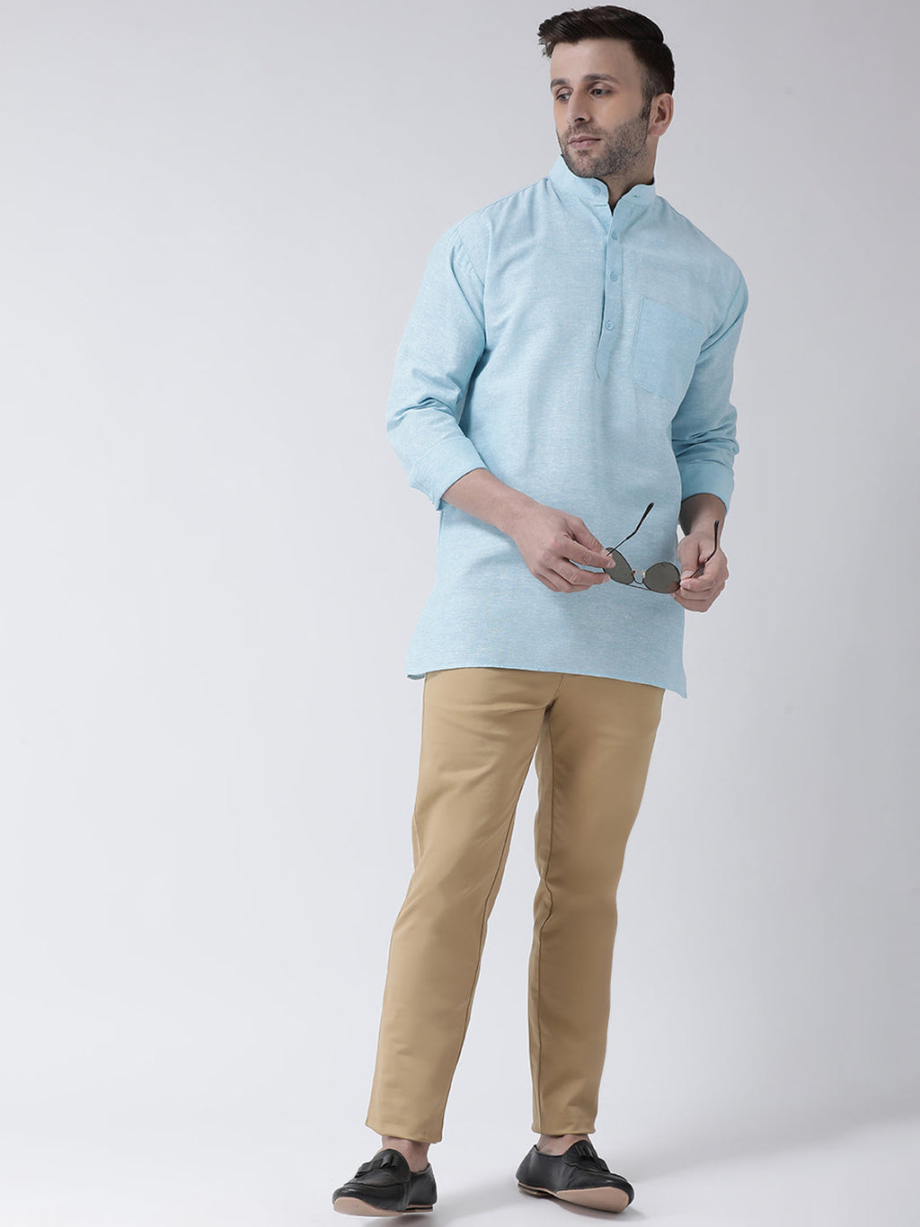 RIAG Light Blue Color Long Sleeves Men's Cotton Short Kurta | Grocsy