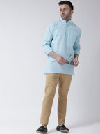 RIAG Light Blue Color Long Sleeves Men's Cotton Short Kurta | Grocsy