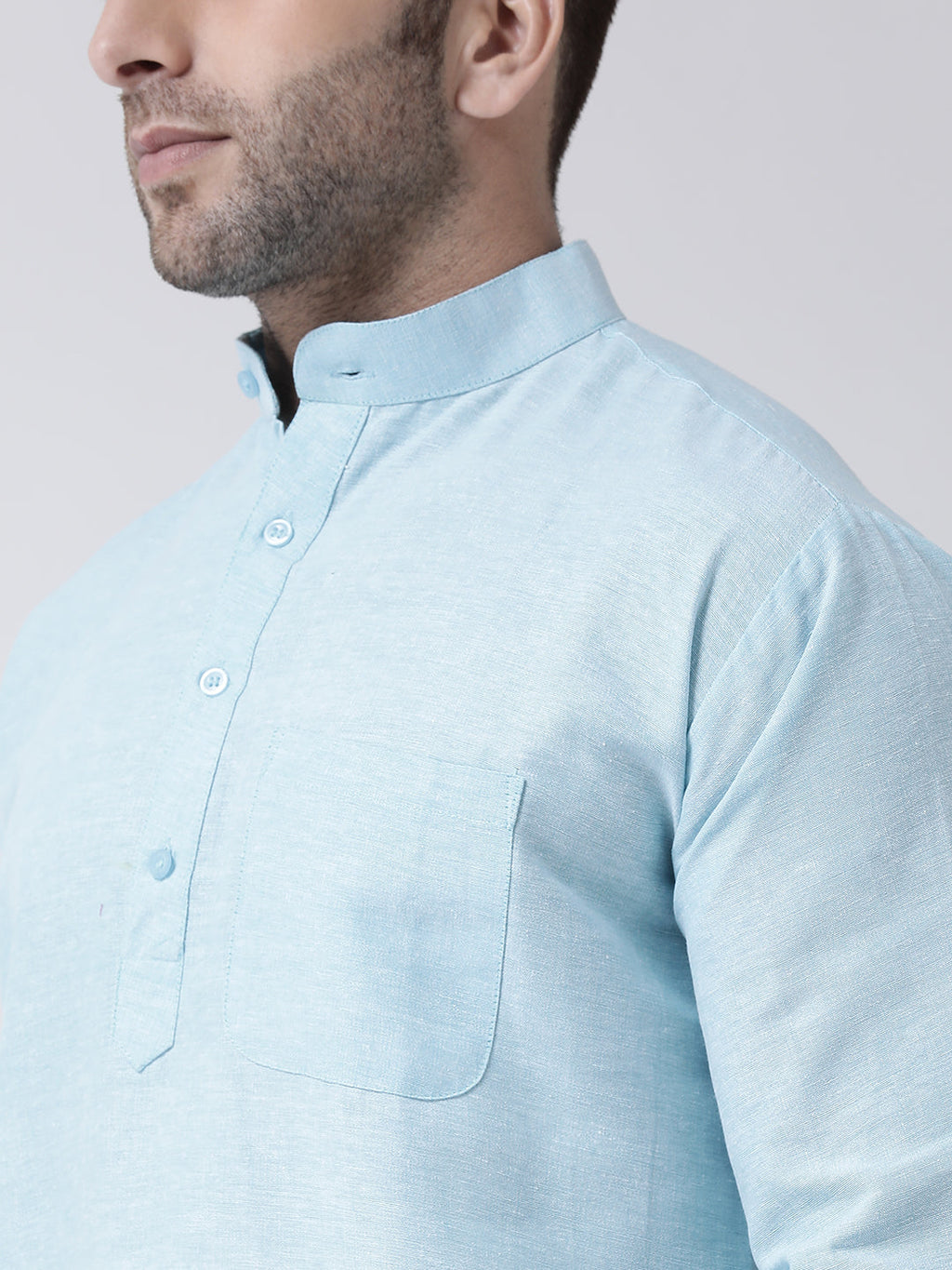 RIAG Light Blue Color Long Sleeves Men's Cotton Short Kurta | Grocsy