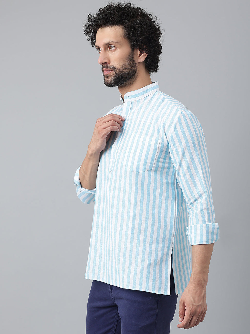 RIAG Blue Color Long Sleeves Casual Men's Cotton Short Kurta | Grocsy