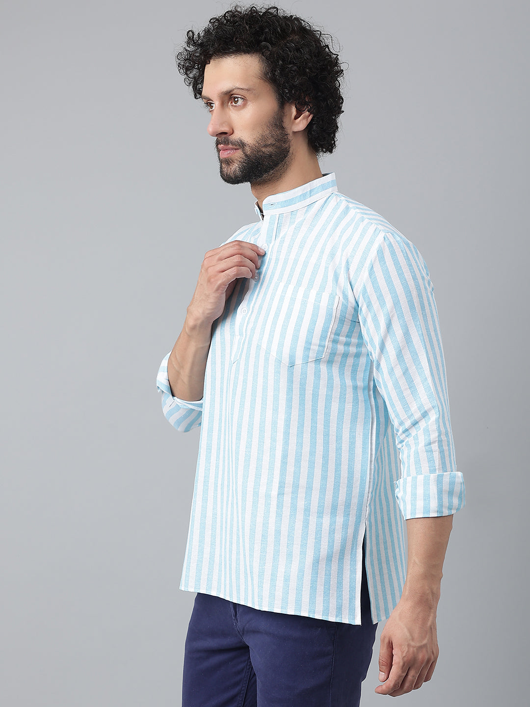 RIAG Blue Color Long Sleeves Casual Men's Cotton Short Kurta | Grocsy