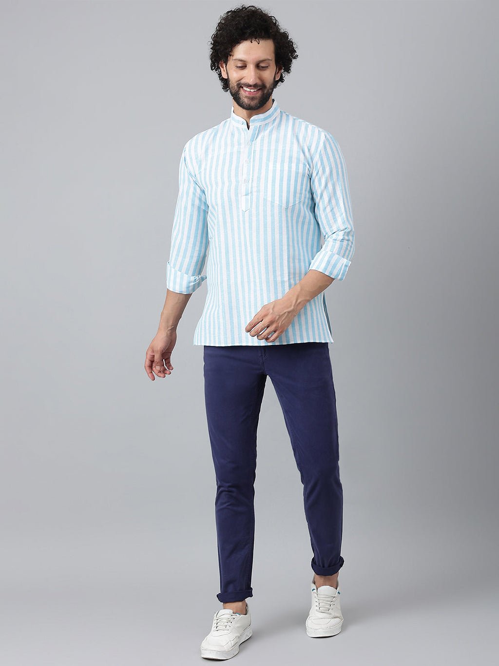 RIAG Blue Color Long Sleeves Casual Men's Cotton Short Kurta | Grocsy