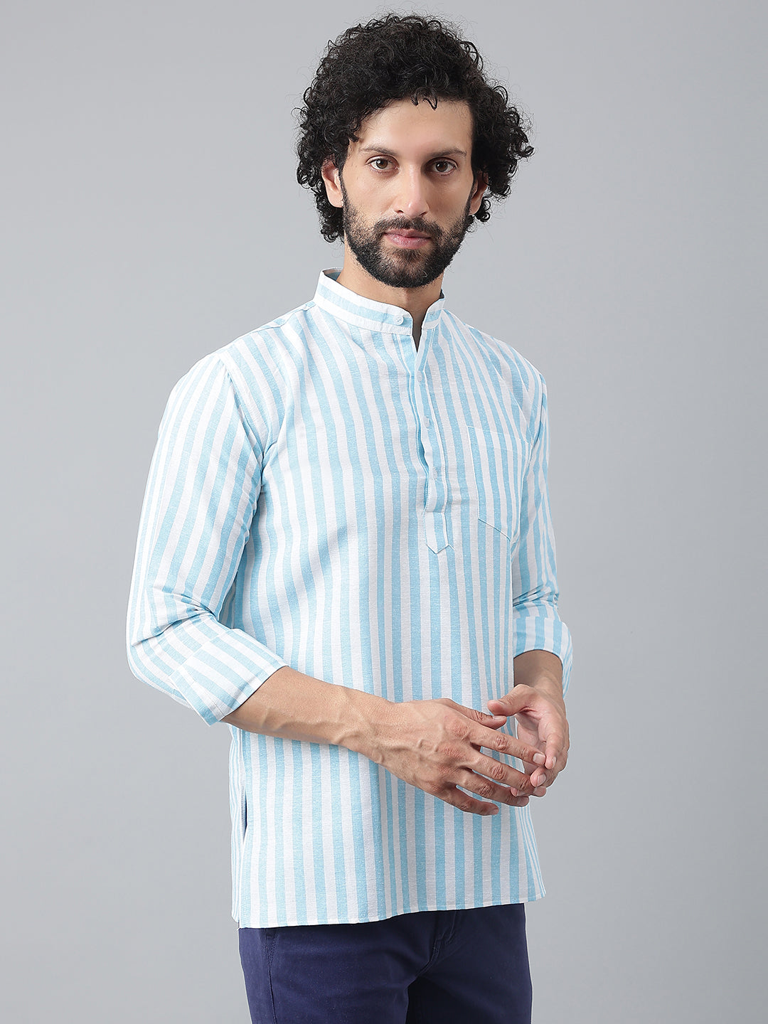RIAG Blue Color Long Sleeves Casual Men's Cotton Short Kurta | Grocsy
