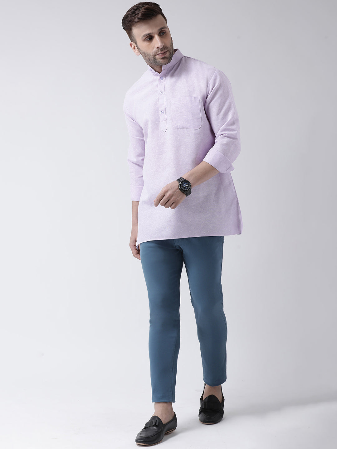 RIAG Purple Color Long Sleeves Men's Cotton Short Kurta | Grocsy