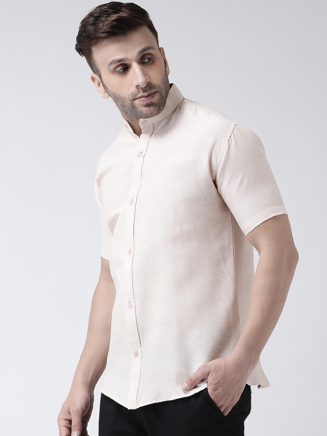 RIAG Beige Men's Chinese Collar Half Sleeves Shirt | Grocsy