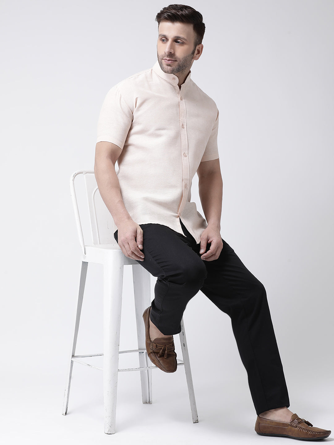 RIAG Beige Men's Chinese Collar Half Sleeves Shirt | Grocsy