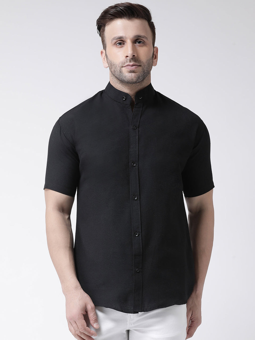 RIAG Black Men's Chinese Collar Half Sleeves Shirt | Grocsy