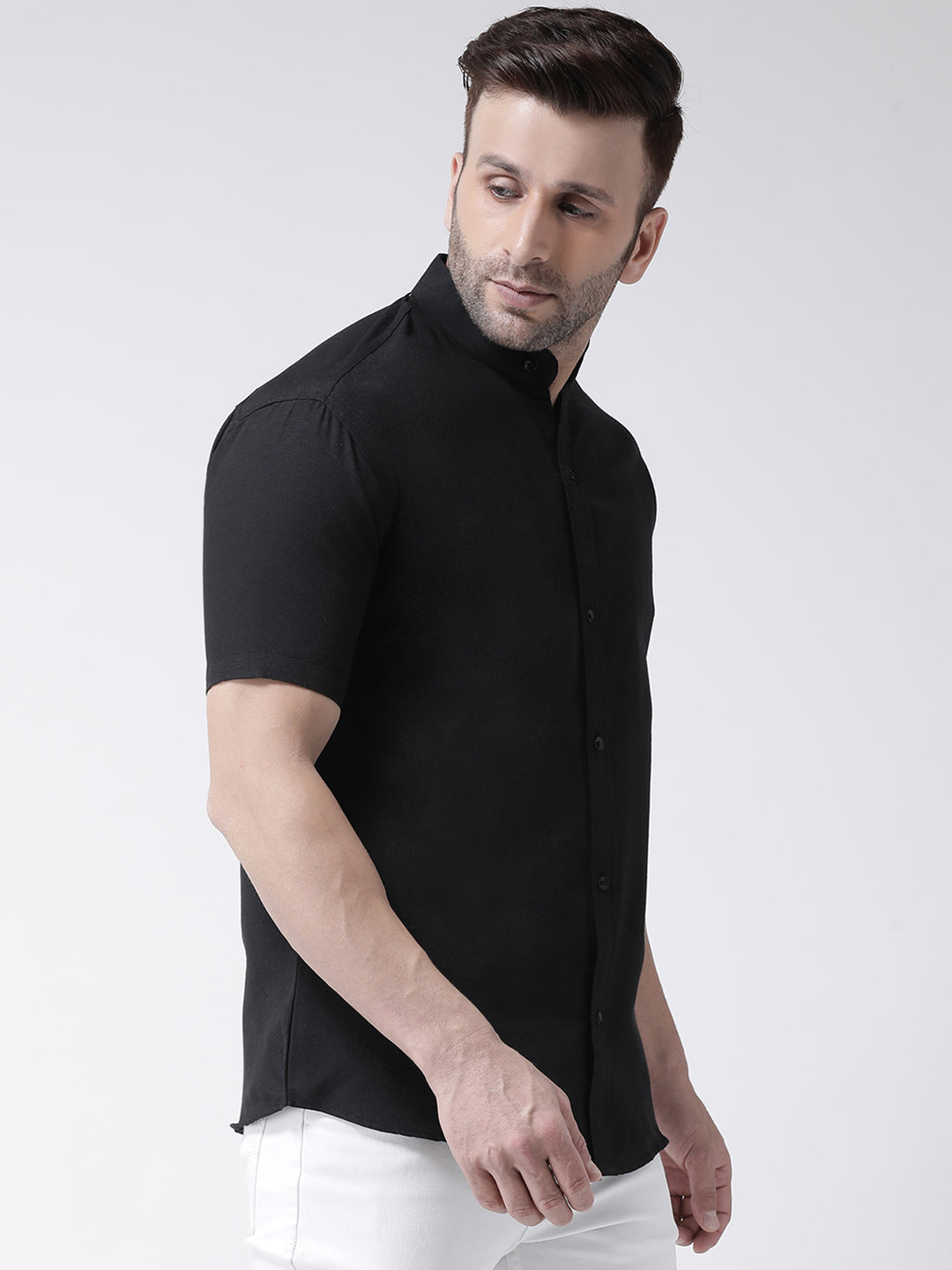 RIAG Black Men's Chinese Collar Half Sleeves Shirt | Grocsy