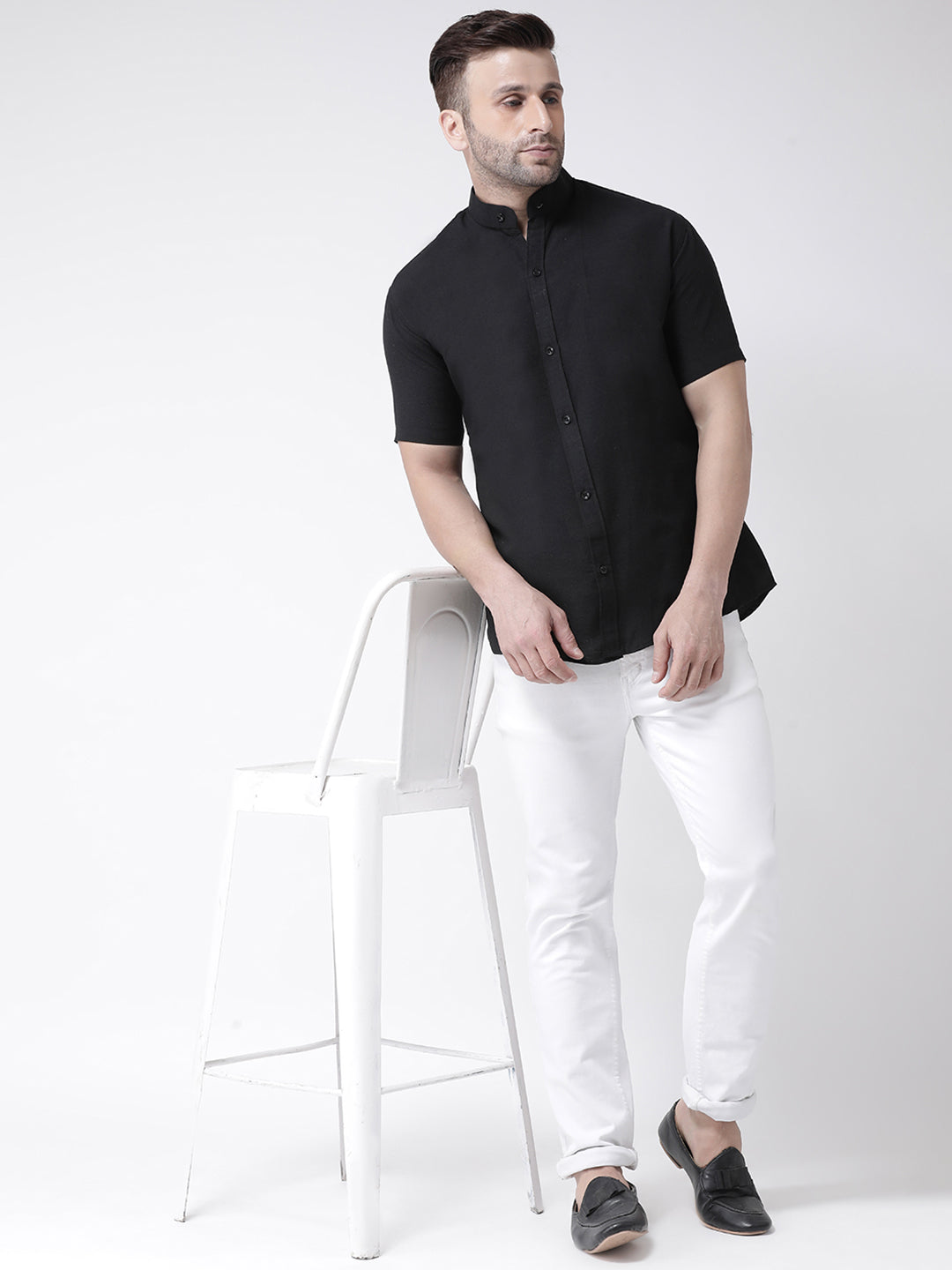 RIAG Black Men's Chinese Collar Half Sleeves Shirt | Grocsy