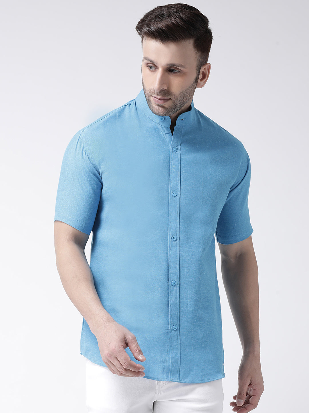 RIAG Firozi Blue Men's Chinese Collar Half Sleeves Shirt | Grocsy