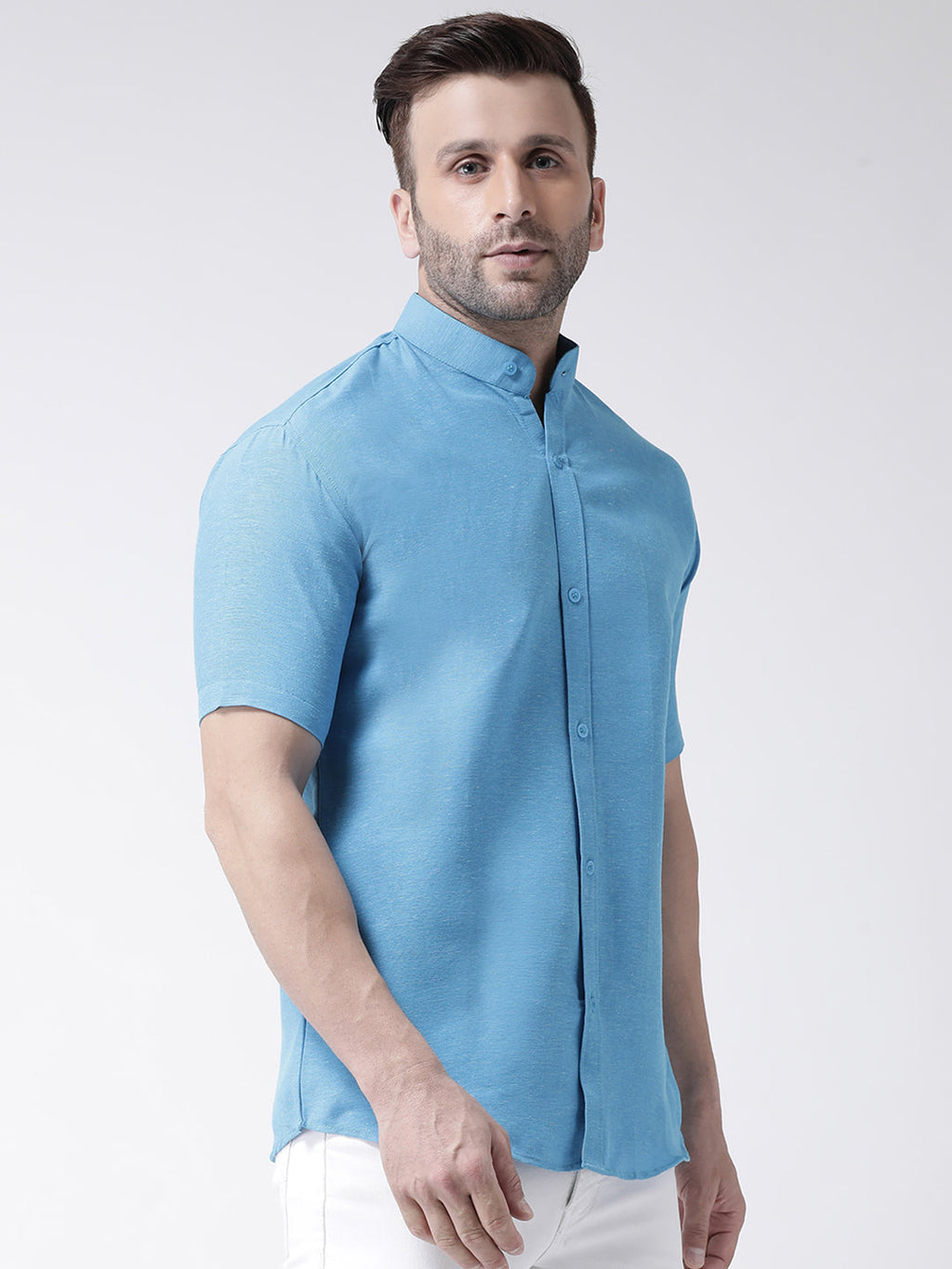 RIAG Firozi Blue Men's Chinese Collar Half Sleeves Shirt | Grocsy