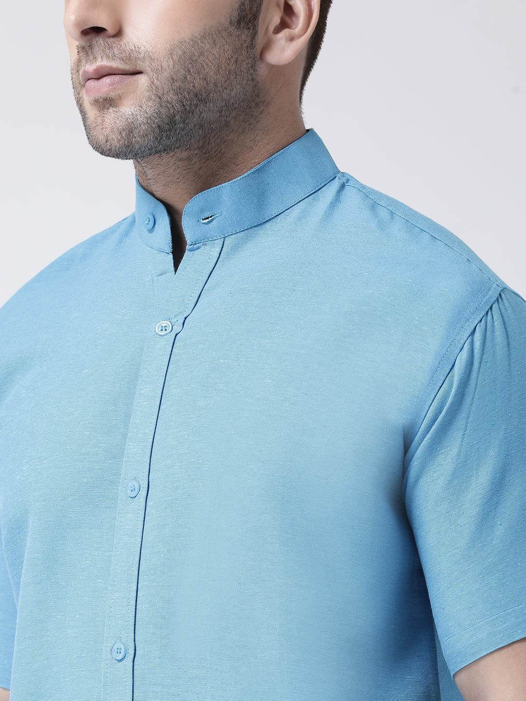 RIAG Firozi Blue Men's Chinese Collar Half Sleeves Shirt | Grocsy