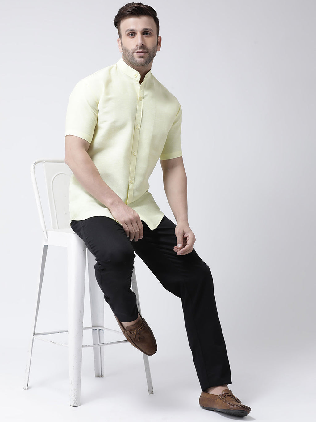 RIAG Yellow Men's Chinese Collar Half Sleeves Shirt | Grocsy