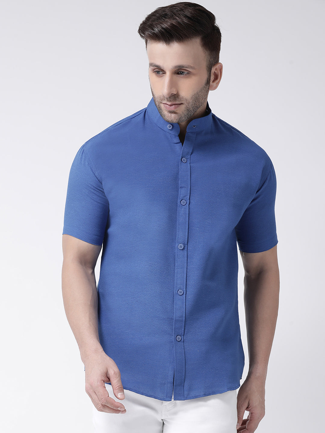 RIAG Navy Blue Men's Chinese Collar Half Sleeves Shirt | Grocsy