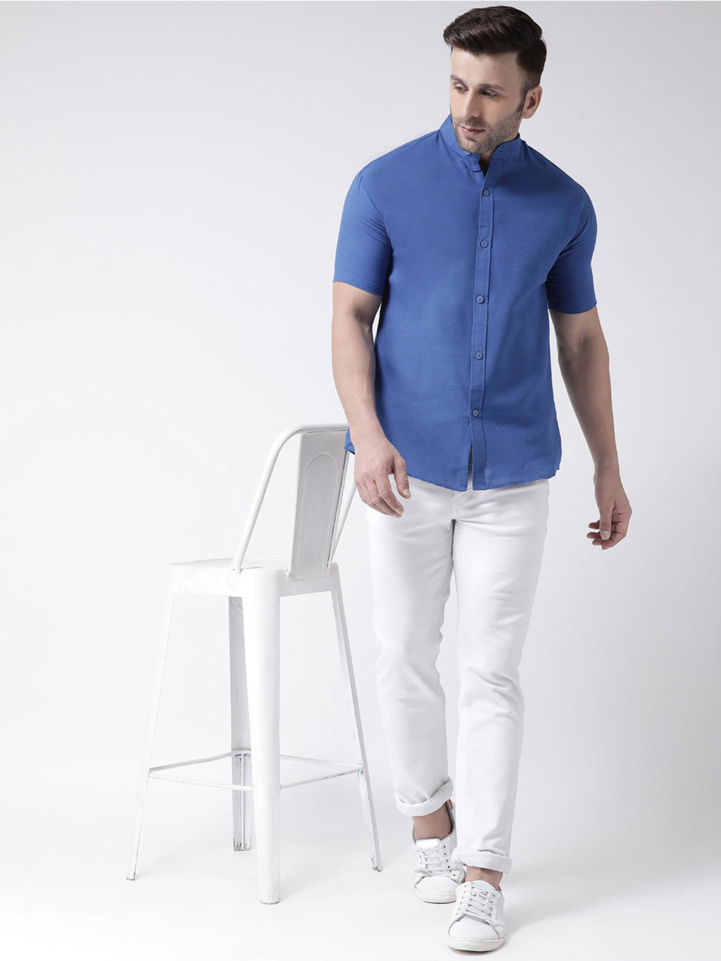 RIAG Navy Blue Men's Chinese Collar Half Sleeves Shirt | Grocsy