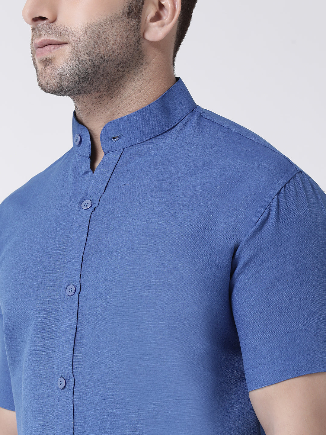 RIAG Navy Blue Men's Chinese Collar Half Sleeves Shirt | Grocsy