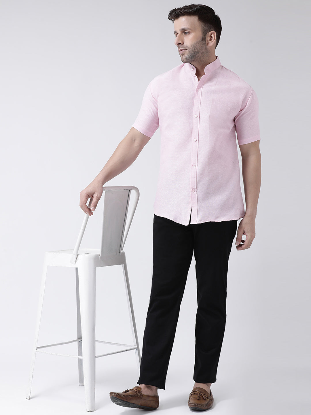 RIAG Pink Men's Chinese Collar Half Sleeves Shirt | Grocsy