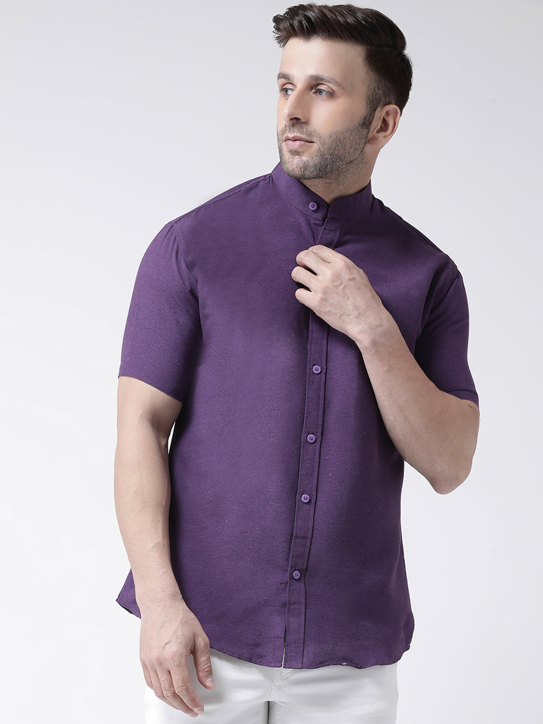 RIAG Purple Men's Chinese Collar Half Sleeves Shirt | Grocsy