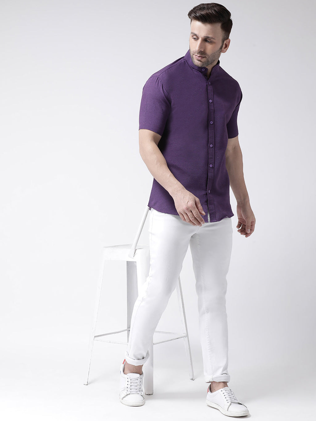 RIAG Purple Men's Chinese Collar Half Sleeves Shirt | Grocsy