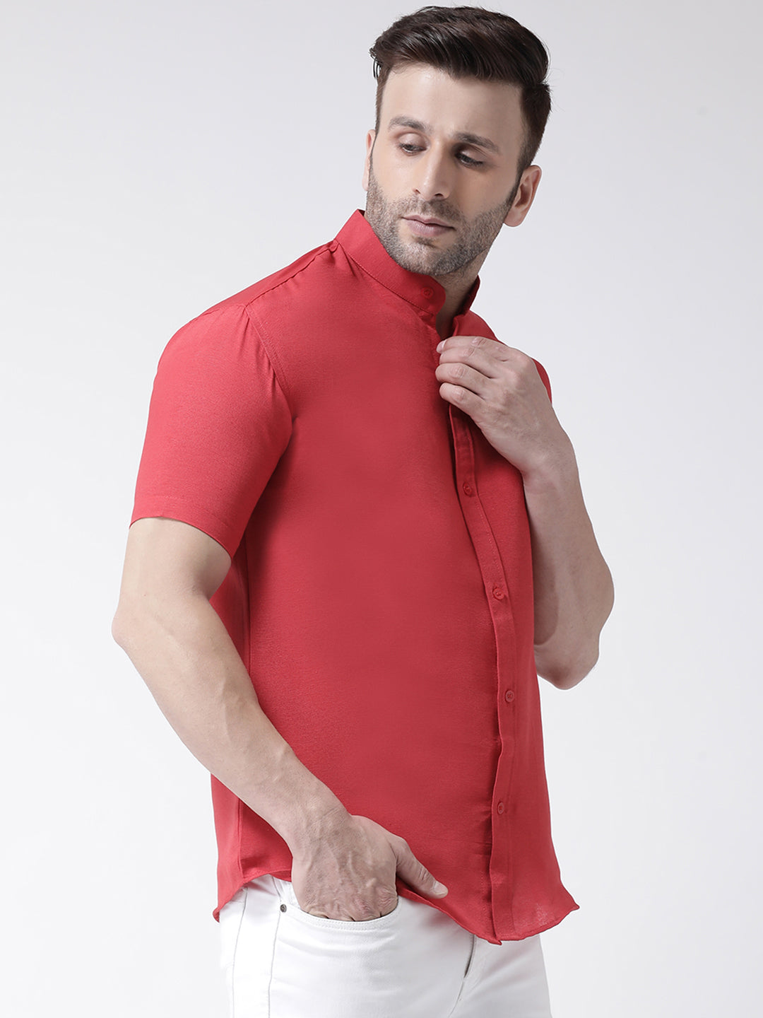 RIAG Red Men's Chinese Collar Half Sleeves Shirt | Grocsy