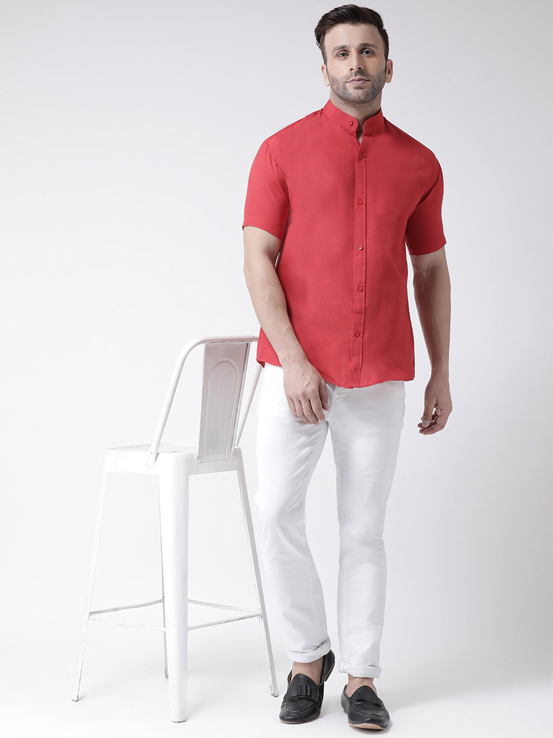 RIAG Red Men's Chinese Collar Half Sleeves Shirt | Grocsy