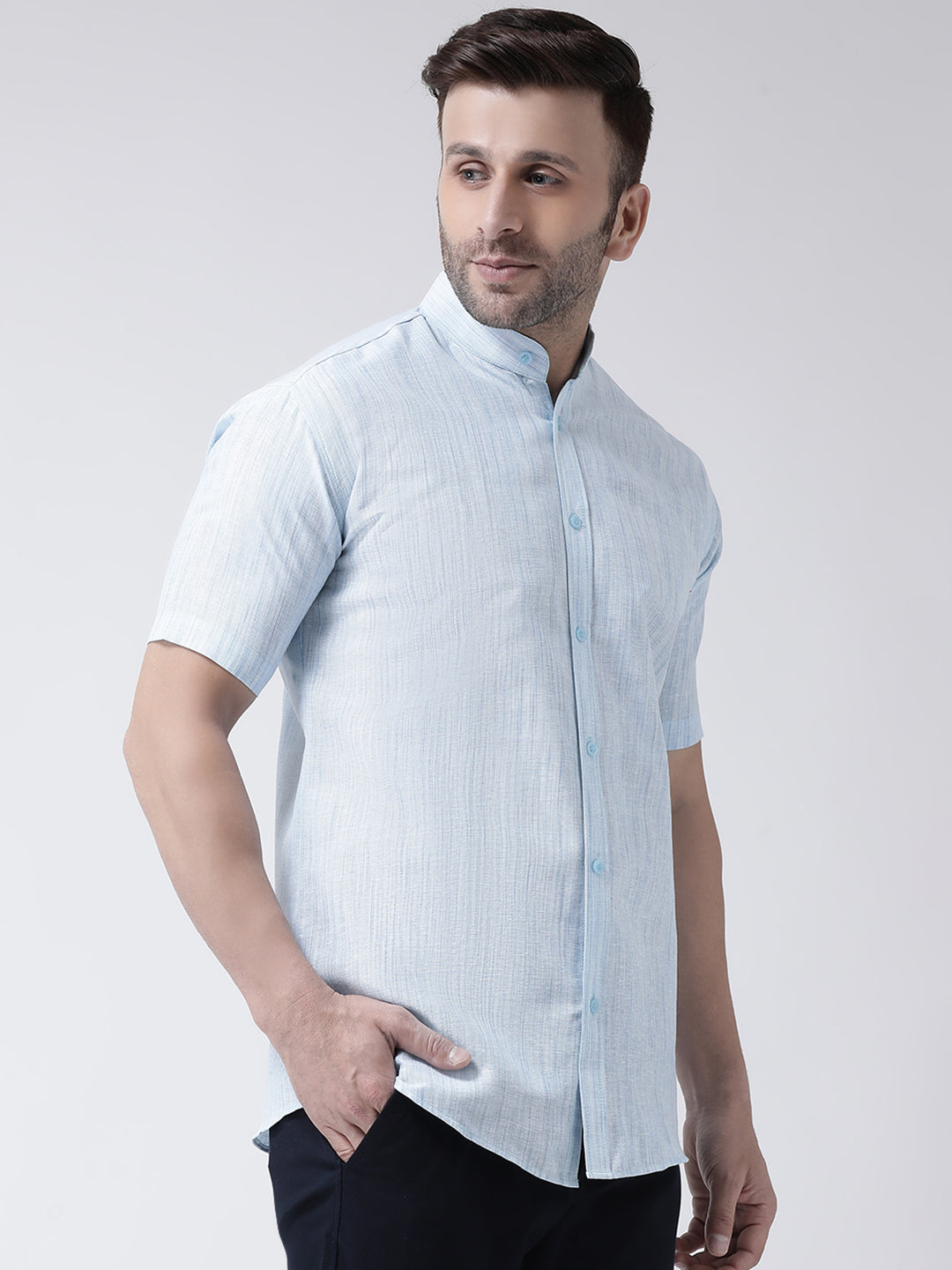 RIAG Sky Blue Men's Chinese Collar Half Sleeves Shirt | Grocsy