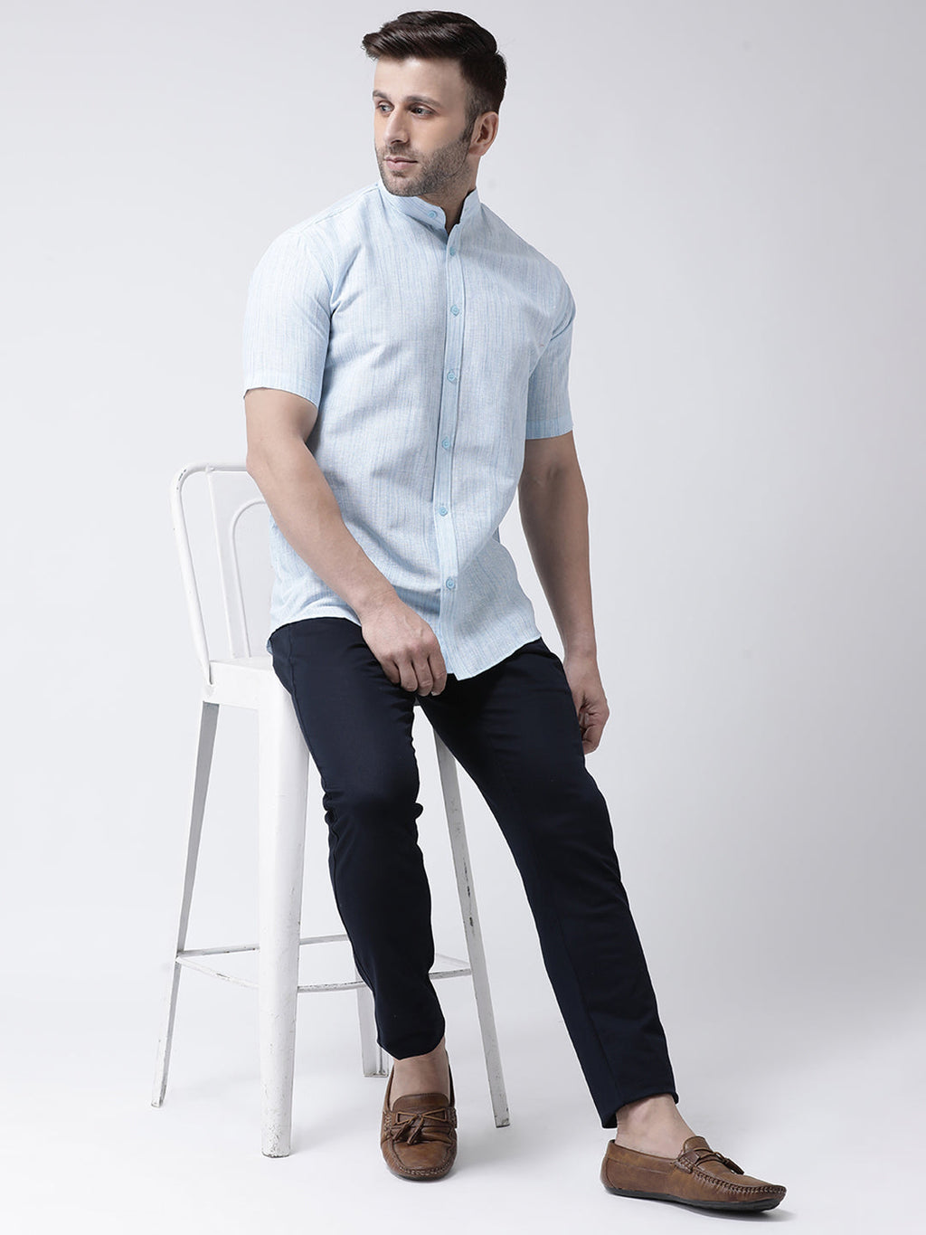 RIAG Sky Blue Men's Chinese Collar Half Sleeves Shirt | Grocsy