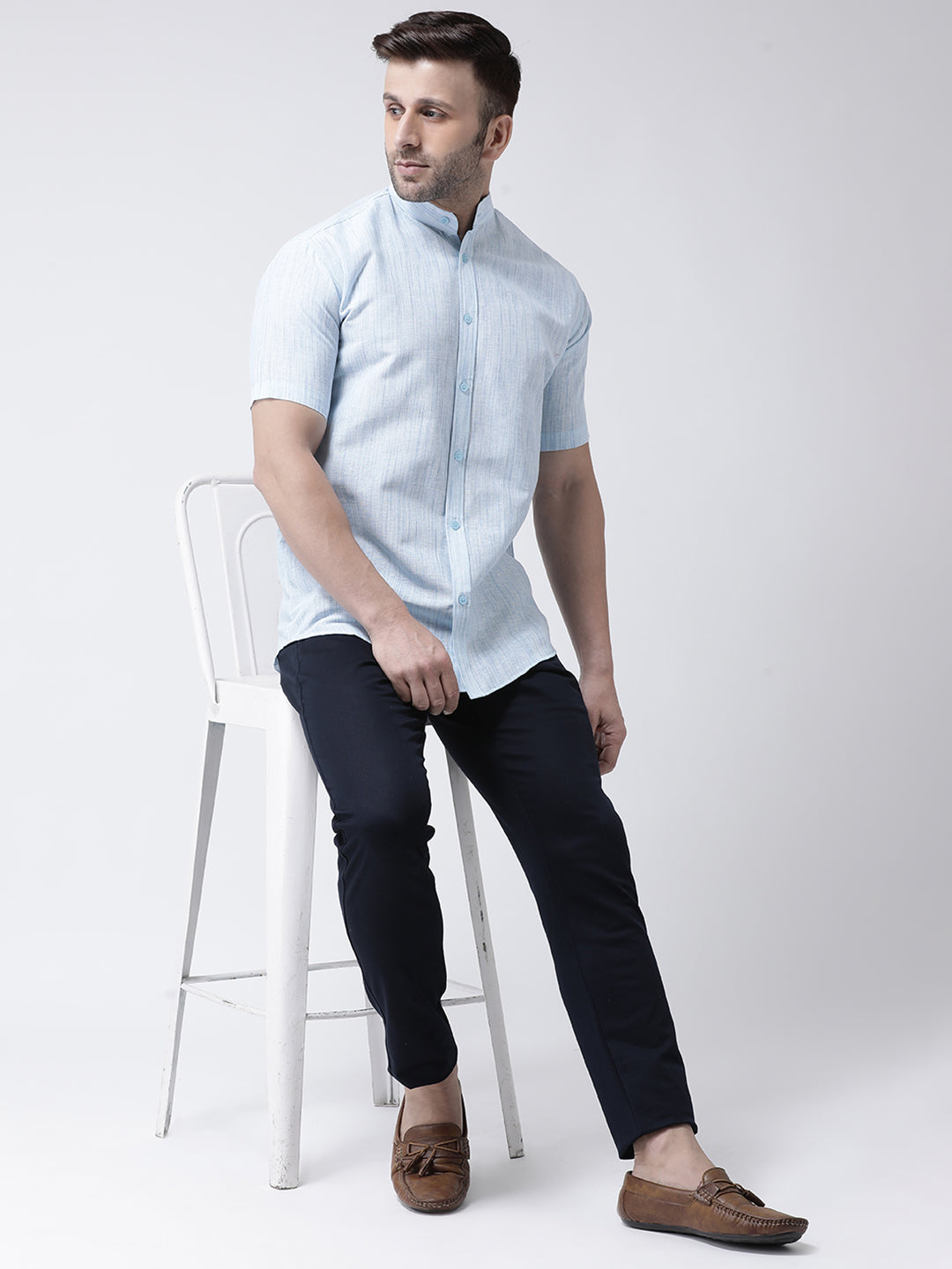 RIAG Sky Blue Men's Chinese Collar Half Sleeves Shirt | Grocsy