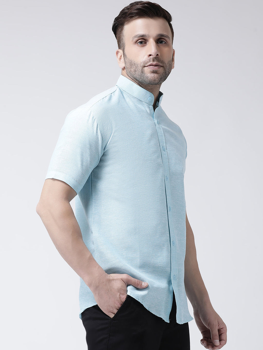 RIAG Sky Blue Men's Chinese Collar Half Sleeves Shirt | Grocsy