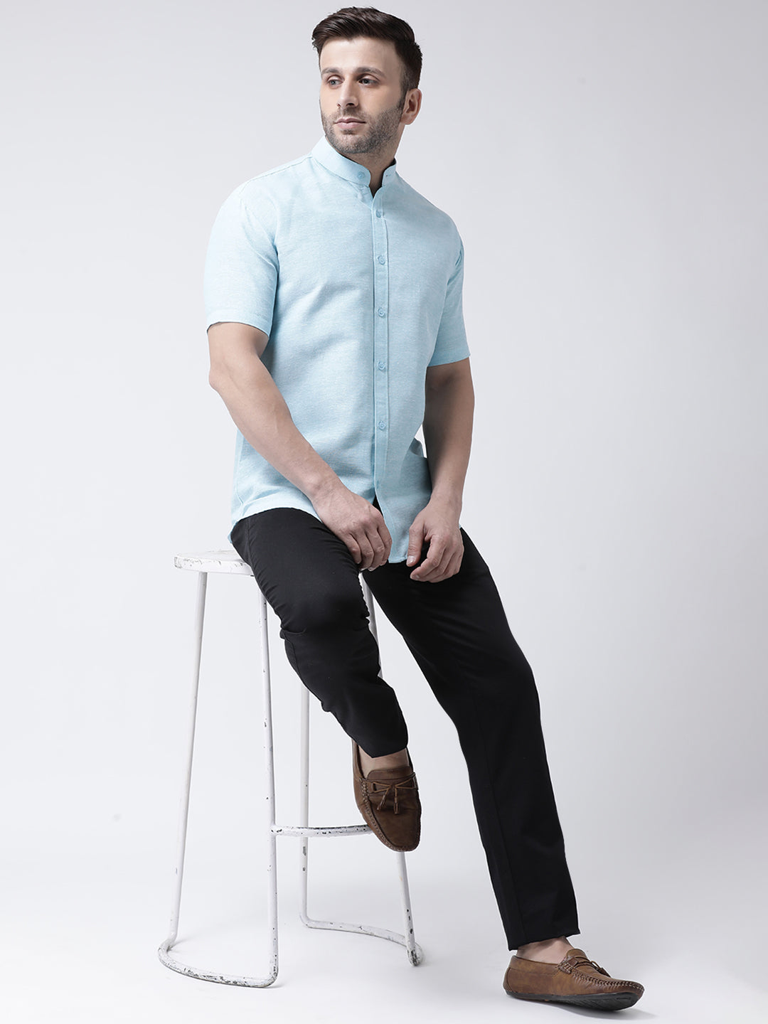 RIAG Sky Blue Men's Chinese Collar Half Sleeves Shirt | Grocsy