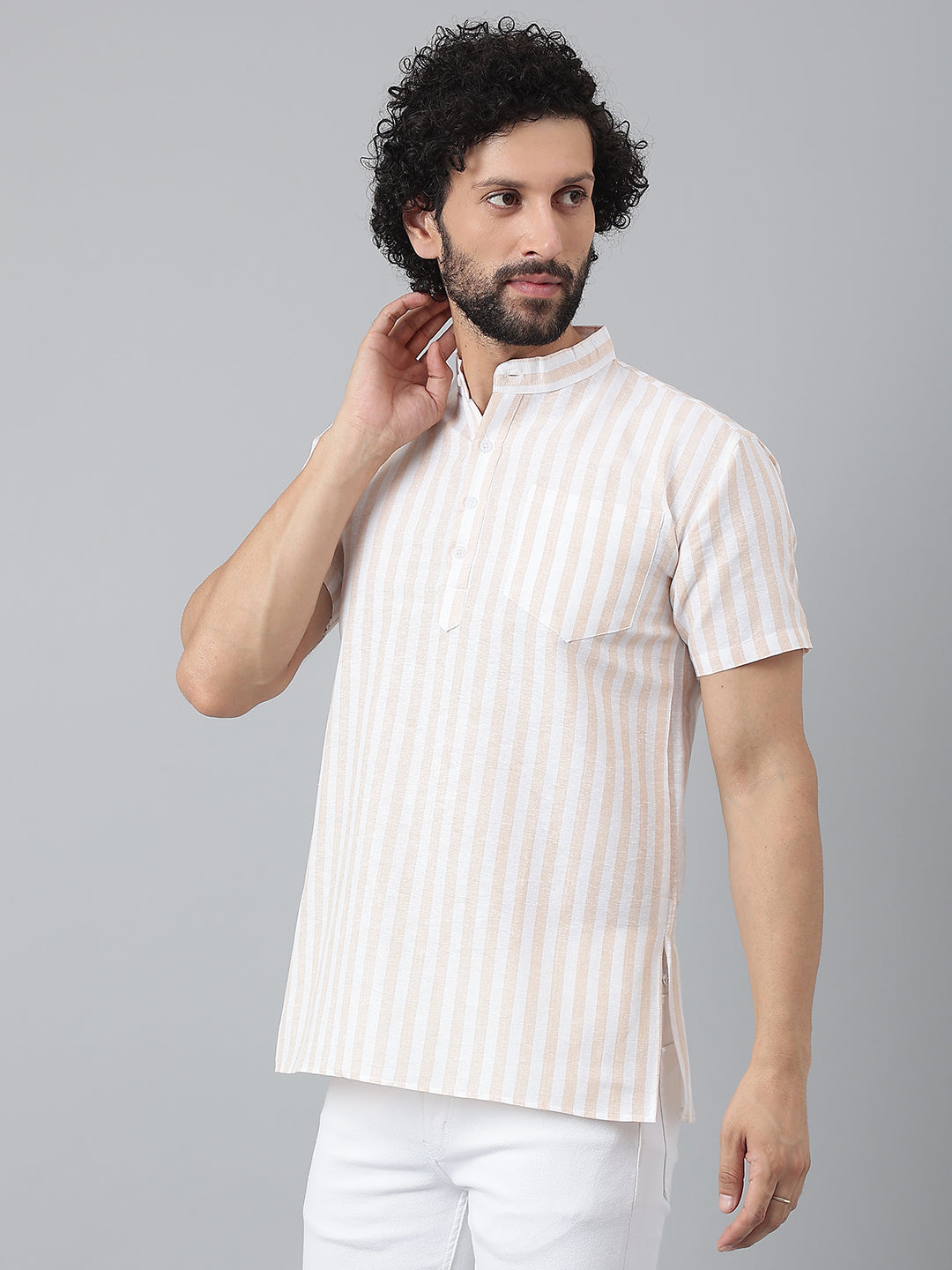 RIAG Beige Color Short Sleeves Casual Men's Cotton Short Kurta | Grocsy