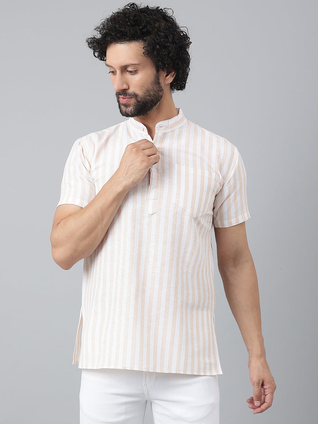 RIAG Beige Color Short Sleeves Casual Men's Cotton Short Kurta | Grocsy