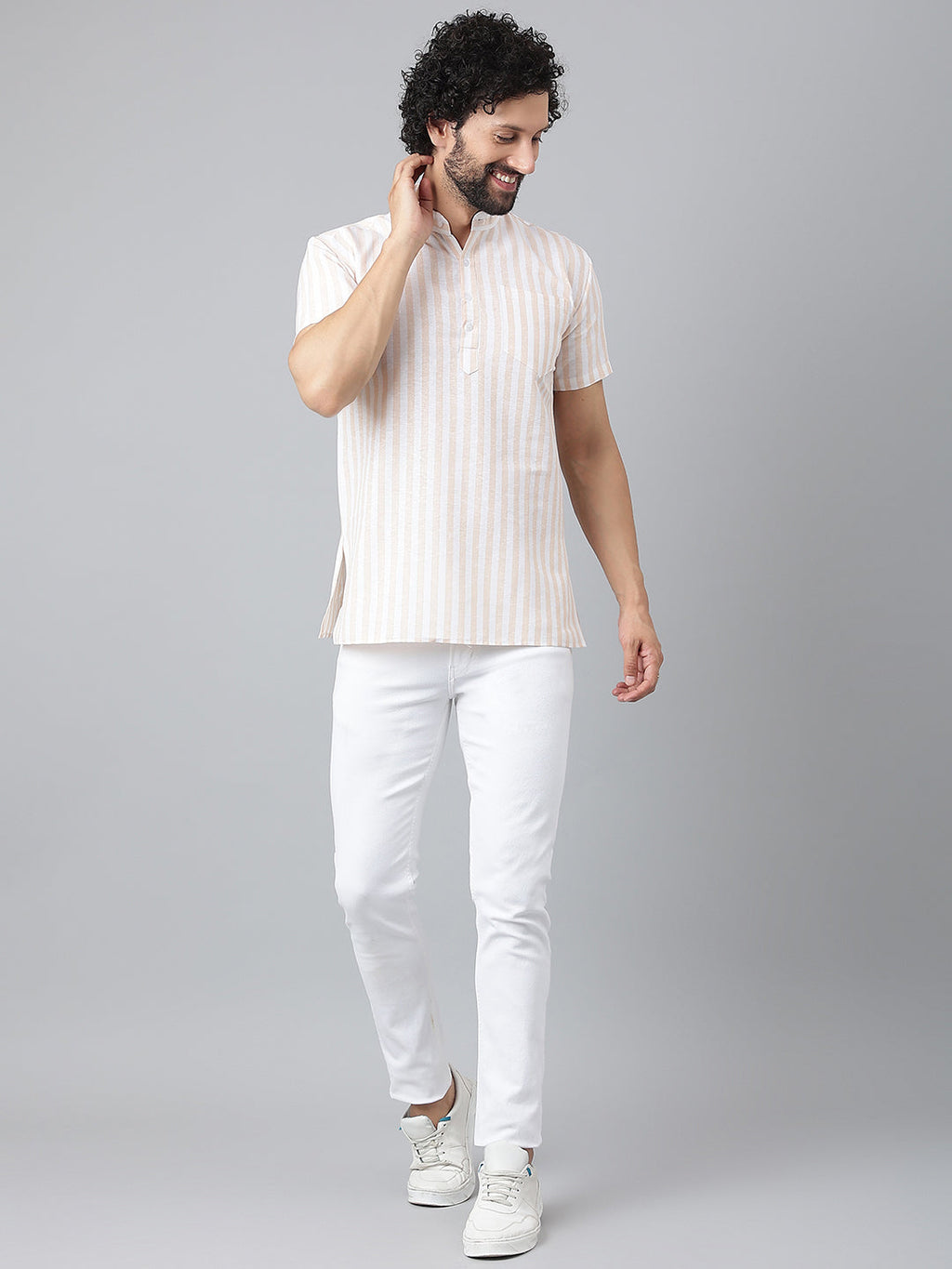 RIAG Beige Color Short Sleeves Casual Men's Cotton Short Kurta | Grocsy