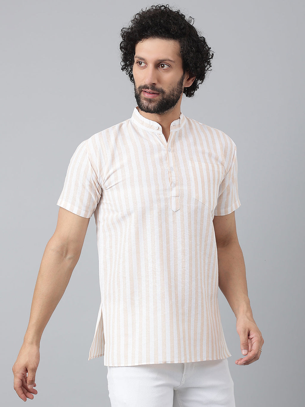 RIAG Beige Color Short Sleeves Casual Men's Cotton Short Kurta | Grocsy