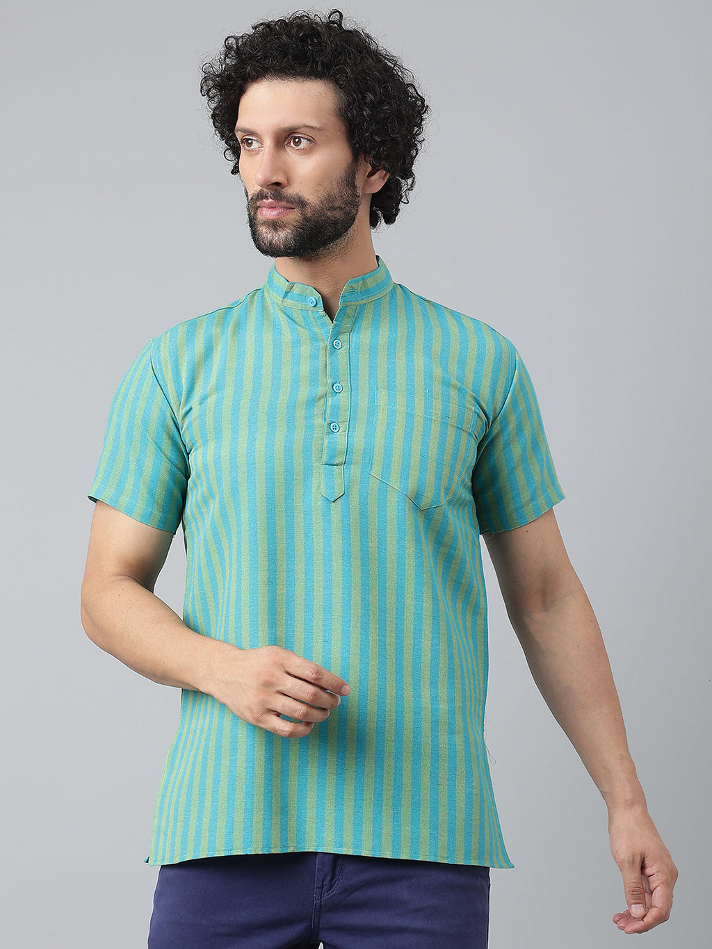 RIAG Blue Color Short Sleeves Casual Men's Cotton Short Kurta | Grocsy