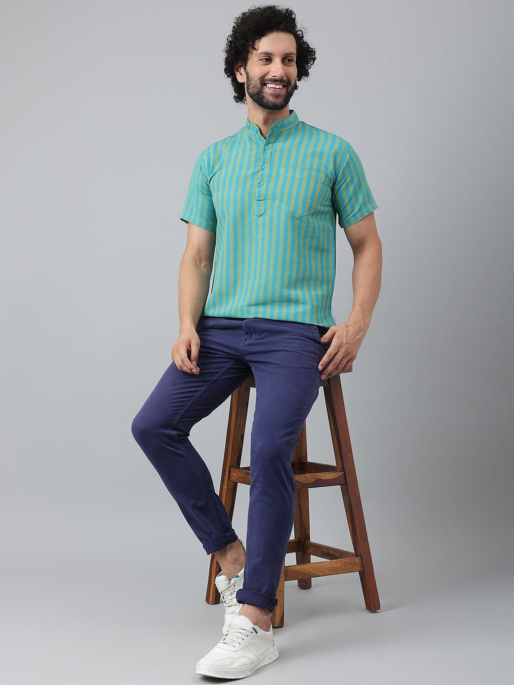 RIAG Blue Color Short Sleeves Casual Men's Cotton Short Kurta | Grocsy