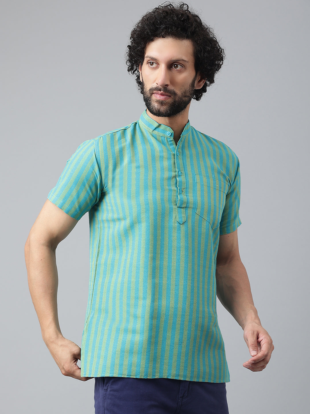 RIAG Blue Color Short Sleeves Casual Men's Cotton Short Kurta | Grocsy