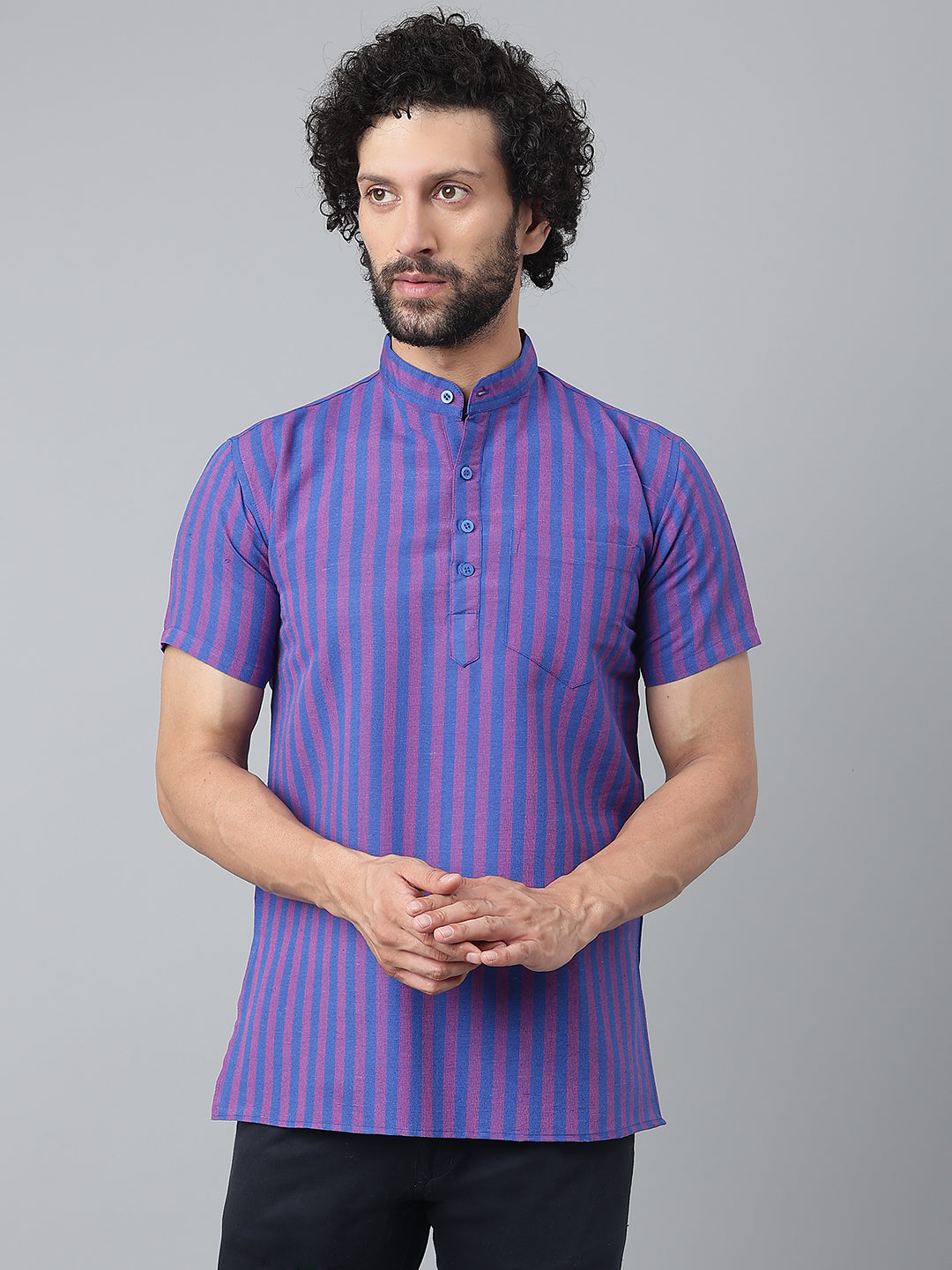 RIAG Navy Blue Color Short Sleeves Casual Men's Cotton Short Kurta | Grocsy