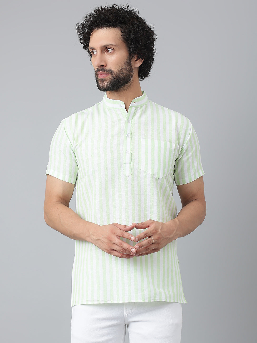 RIAG Green Color Short Sleeves Casual Men's Cotton Short Kurta | Grocsy