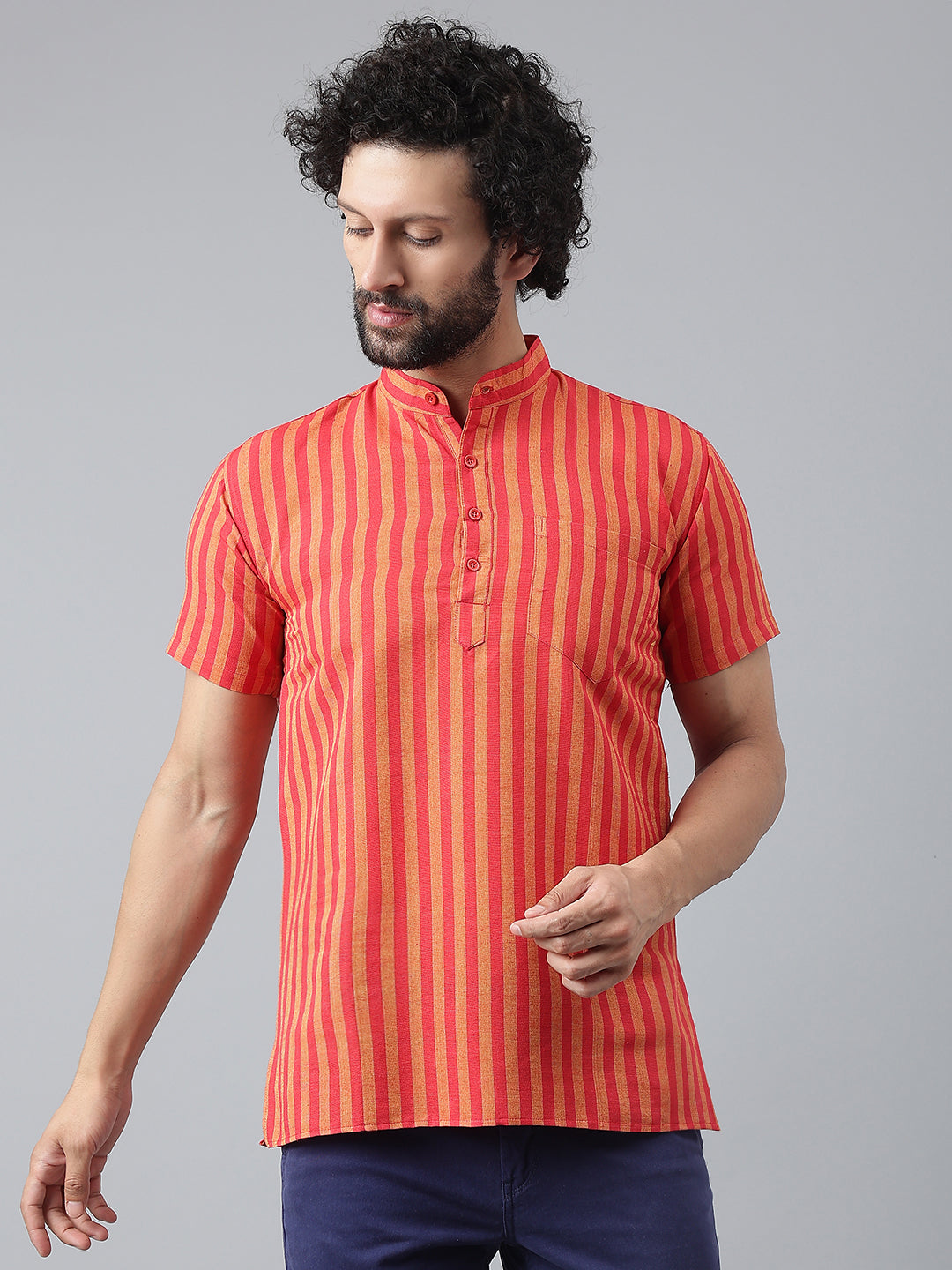 RIAG Red Color Short Sleeves Casual Men's Cotton Short Kurta | Grocsy