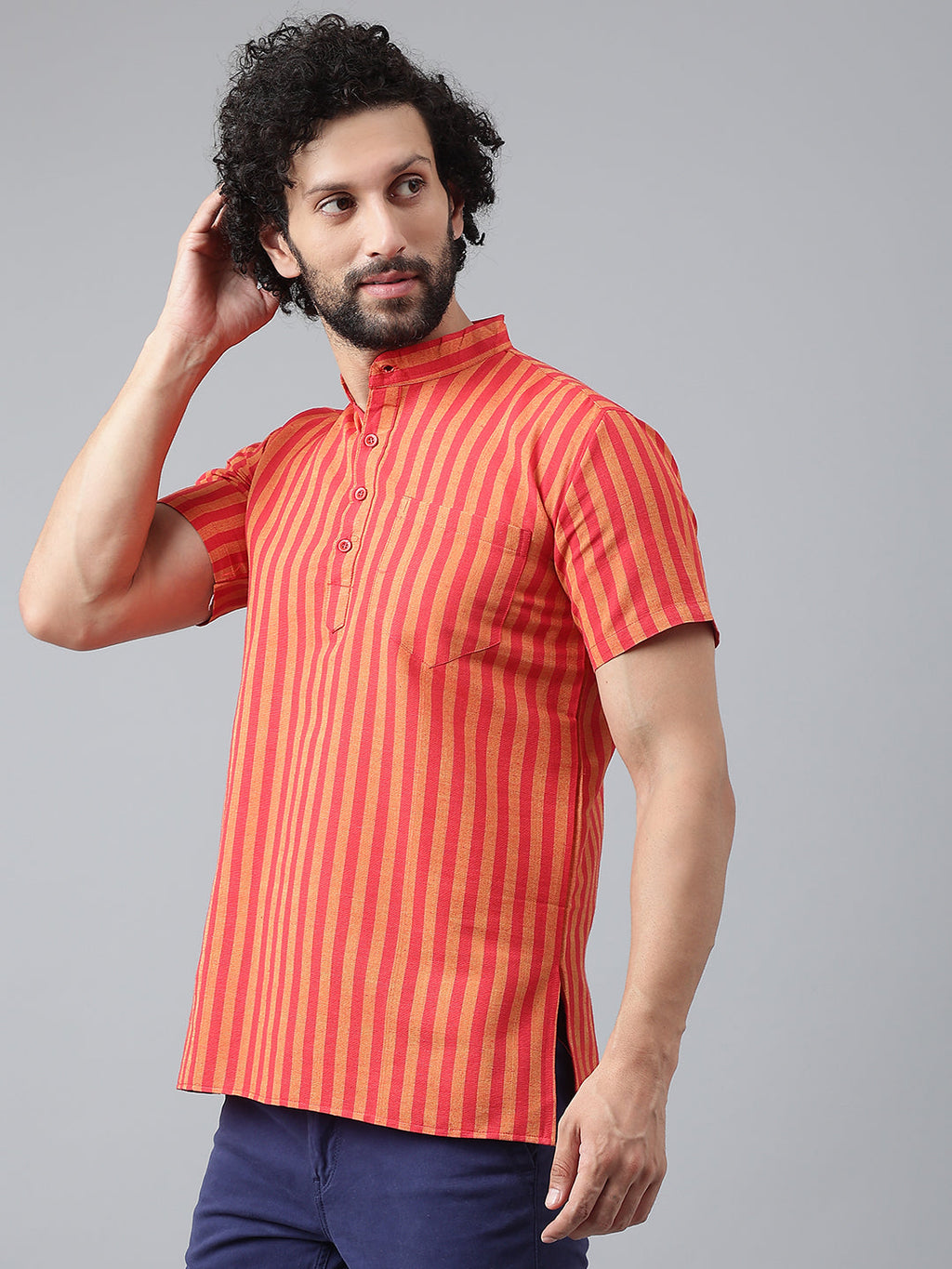 RIAG Red Color Short Sleeves Casual Men's Cotton Short Kurta | Grocsy