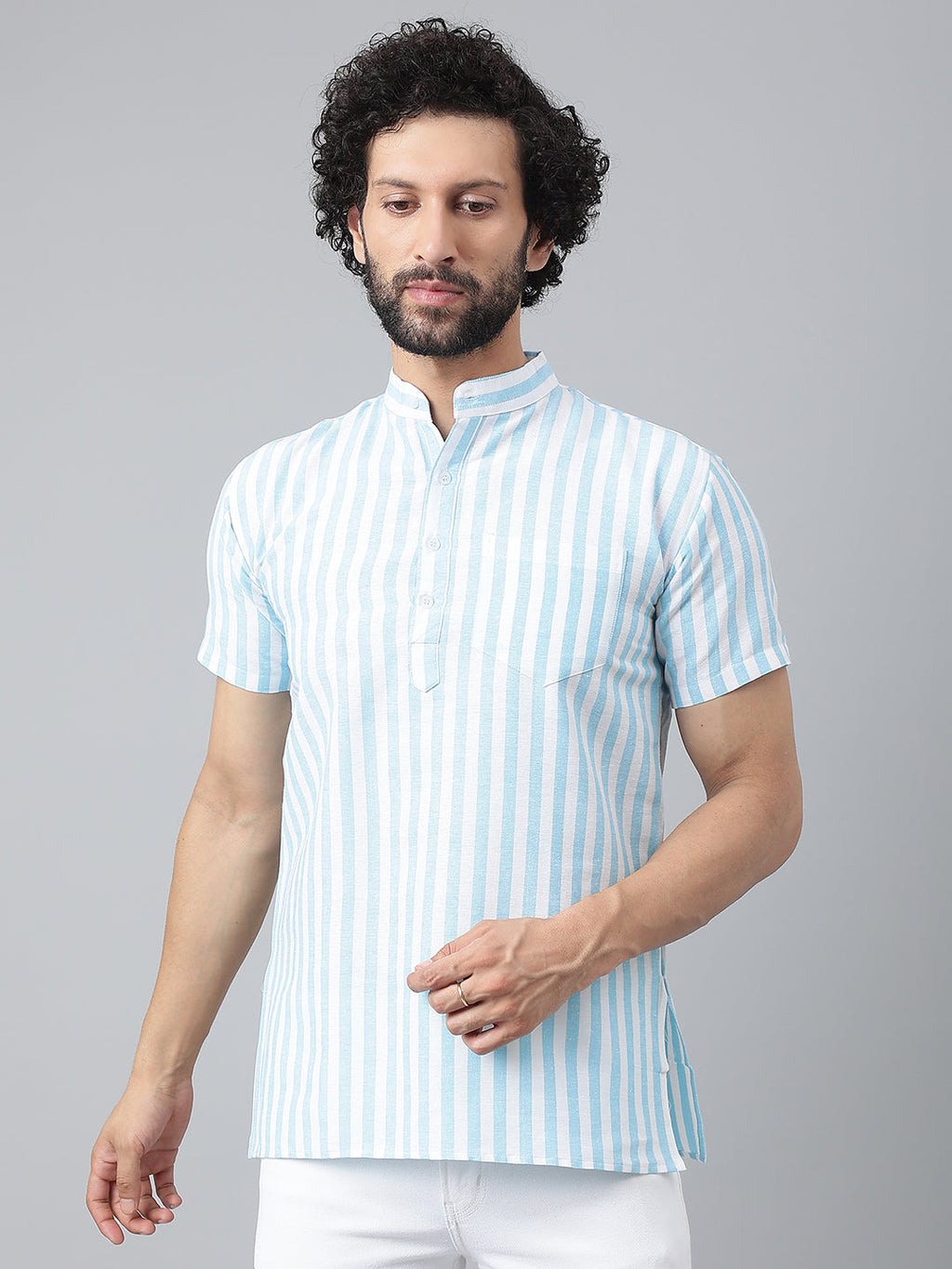 RIAG Blue Color Short Sleeves Casual Men's Cotton Short Kurta | Grocsy
