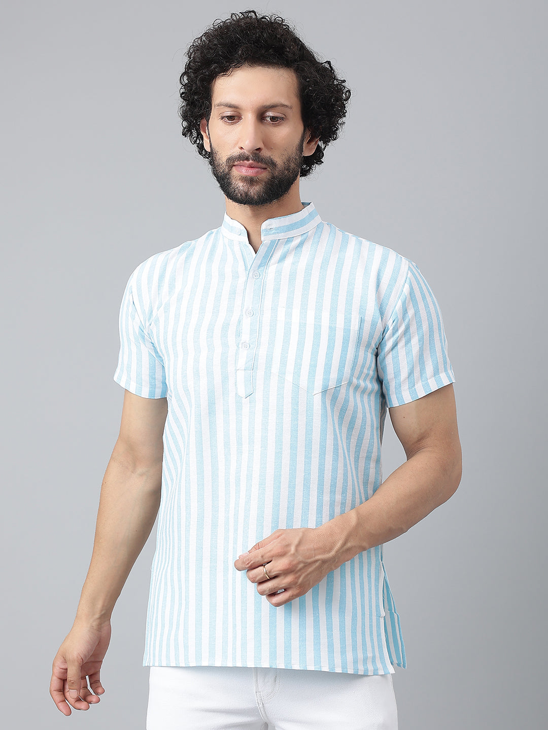 RIAG Blue Color Short Sleeves Casual Men's Cotton Short Kurta | Grocsy